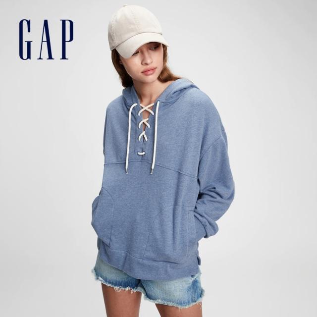 【GAP】女裝 時尚寬鬆毛圈連帽休閒上衣(861815-中度靛藍)