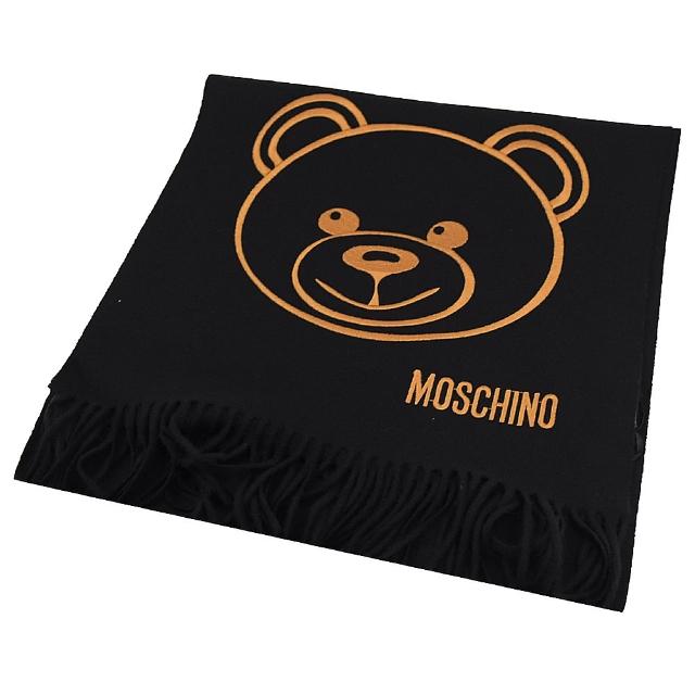 【MOSCHINO】品牌泰迪熊大頭臉純羔羊毛流蘇披肩長圍巾(黑)