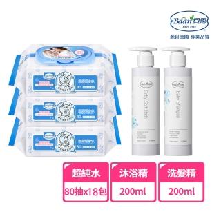 【Baan 貝恩】嬰兒清潔保養組(80抽濕巾21包+沐浴400ml+洗髮400ml+爽膚乳液200ml)