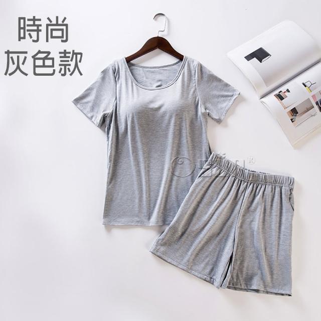 【Osun】Bra-T莫代爾帶胸墊短袖上衣寬鬆短褲睡衣套裝居家服(特惠價CE351)
