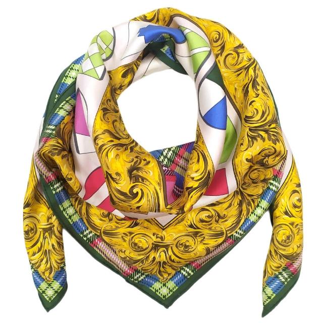 【Dior 迪奧】歐風貴族幾何徽章盾牌方型絲巾-展示品(粉色/綠色邊)