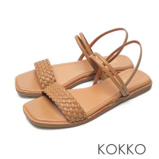 【KOKKO 集團】時髦方頭一字帶編織小牛皮平底涼拖鞋(奶茶色)
