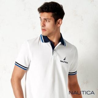 【NAUTICA】簡約拼接撞色領短袖POLO衫(白色)