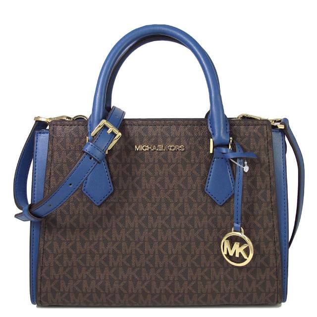 Michael Kors【Michael Kors】金字滿版防刮拼接皮革三層手提斜背兩用包(咖啡藍色/中款)