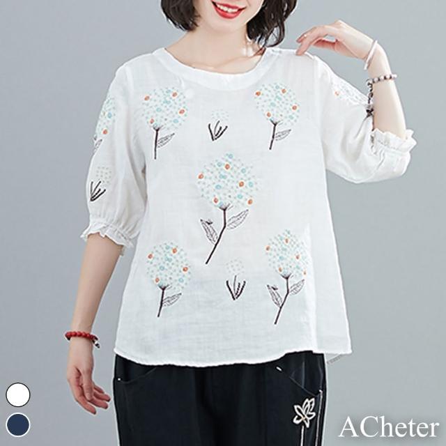 【ACheter】荷蘭鄉村風信子刺繡棉麻燈籠五分袖上衣#108853現貨+預購(2色)