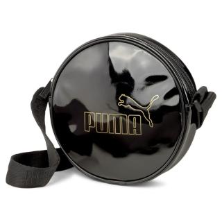 【PUMA】側背包 小包 黑色 圓形 漆皮 金標 串標背帶(07811501)