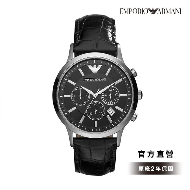 【EMPORIO ARMANI】Renato 都會經典三眼多功手錶 黑色真皮皮革錶帶 43MM AR2447