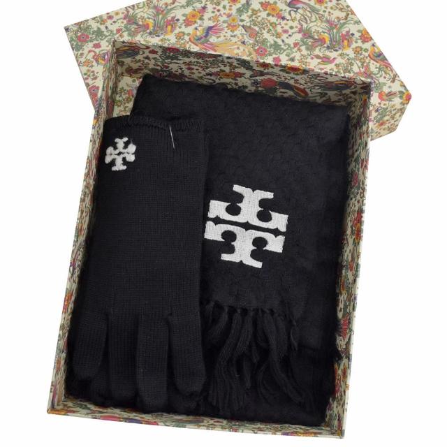 【TORY BURCH】字母雙T純羊毛針織圍巾手套禮盒組(黑)