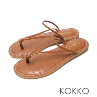 【KOKKO 集團】渡假風鱷魚壓紋超細帶牛皮夾腳涼拖鞋(焦糖咖)