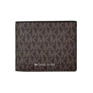 【Michael Kors】MICHAEL KORS COOPER BILLFOLD銀字LOGO印花PVC附證件夾對折短夾(棕褐x黑)