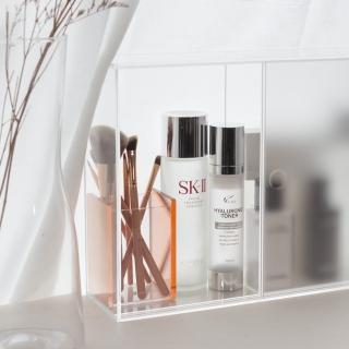 【目喜生活】迷霧透明霧面 拉門式防塵桌上保養品收納盒組(含玫瑰金刷具筆刷筒 簡單防塵化妝收納)