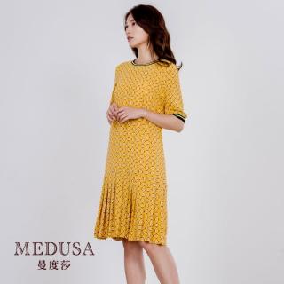 【MEDUSA 曼度莎】幾何花紋羅紋領百褶洋裝（M-XL）｜女裝 小禮服 特色印花(601-31006)