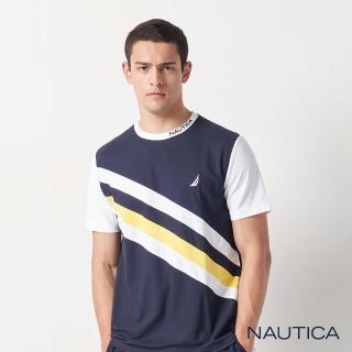 【NAUTICA】男裝 吸濕排汗斜紋拼接短袖T恤(深藍)