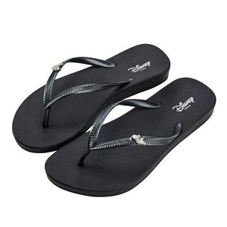 【Disney 迪士尼】迪士尼女鞋 米奇與唐老鴨 質感飾釦人字拖鞋-黑(MIT台灣在地工廠製造)