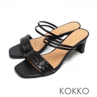 【KOKKO 集團】時髦方頭編織小牛皮2WAY扁跟涼拖鞋(黑色)