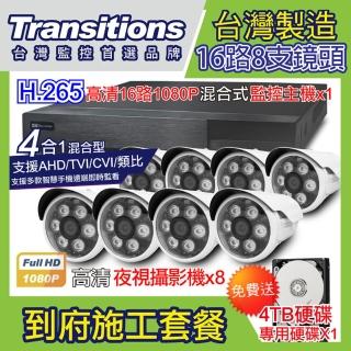 【全視線】台灣製造 16路監控主機+8支 TS-1080P1 到府安裝施工套餐(贈 4TB硬碟)