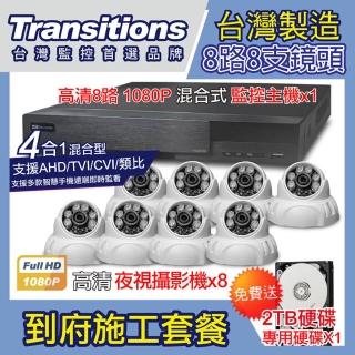 【全視線】台灣製造 8路監控主機+8支 TS-AHD83D 到府安裝施工套餐(贈 2TB硬碟)