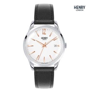 【HENRY LONDON】英國品牌 白面 黑色真皮腕錶 情人節/父親節(HL39-S-0005)