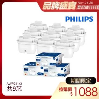 【Philips 飛利浦】AWP211超濾濾水壺濾芯 9入-通用版(AWP211*3)