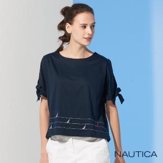 【NAUTICA】女裝落肩寬版綁帶短袖T恤(藍)