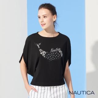 【NAUTICA】女裝俏皮藍鯨圖騰落肩T恤(黑)