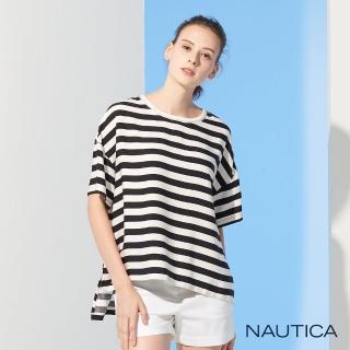 【NAUTICA】女裝經典條紋拉鍊短袖上衣(黑)