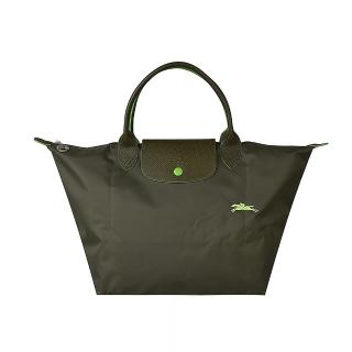 【LONGCHAMP】LONGCHAMP刺繡LOGO撞色設計尼龍短提把拉鍊摺疊手提包(中/松綠x螢光綠)