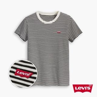 【LEVIS】女款 短袖T恤 / 精工迷你刺繡Logo布章 / 魚子黑條紋 熱賣單品
