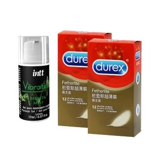 【Durex杜蕾斯】超薄裝保險套+Intt高潮液 綜合組(超薄裝保險套12入x2盒+爆跳式高潮液17ml-薄荷)