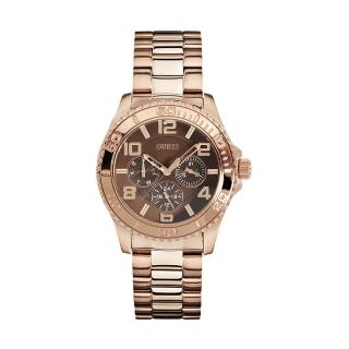 【GUESS】玫瑰金殼 棕色面 三眼日期標示 不鏽鋼錶帶 七夕情人節(W0231L8)