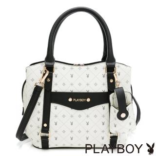 【PLAYBOY】手提包附長背帶 白色黑晶兔系列(米白色)