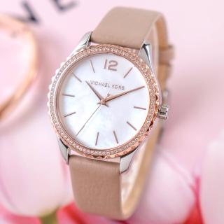 【Michael Kors】公司貨 Layton 美式氣質晶鑽皮革腕錶/淺棕x白面(MK2910)