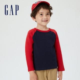 【GAP】男幼童 布萊納系列 純棉撞色長袖T恤(732795-紅藍拼接)