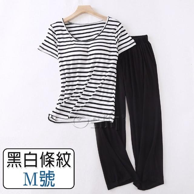 【Osun】莫代爾中大尺吋bra-t條紋帶胸墊短袖七分褲睡衣套裝寬鬆居家休閒服(特惠價CE406-)