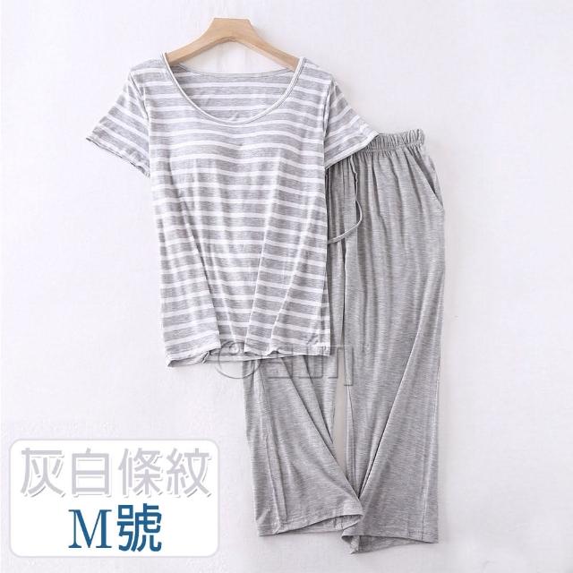 【Osun】莫代爾中大尺吋bra-t條紋帶胸墊短袖七分褲睡衣套裝寬鬆居家休閒服(特惠價CE406-)