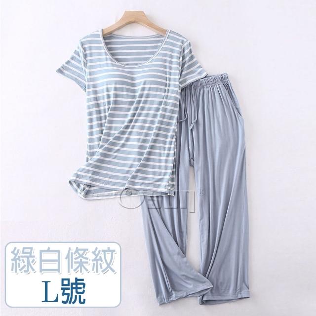 【Osun】莫代爾中大尺吋bra-t條紋帶胸墊短袖七分褲睡衣套裝寬鬆居家休閒服(特惠價CE406-)