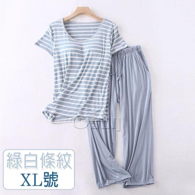 【Osun】莫代爾中大尺吋bra-t條紋帶胸墊短袖七分褲睡衣套裝寬鬆居家休閒服(特惠價CE406-)