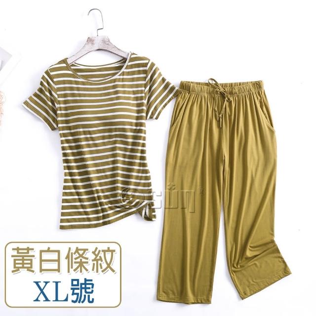 【Osun】莫代爾中大尺吋bra-t條紋帶胸墊短袖七分褲睡衣套裝寬鬆居家休閒服(特惠價CE406-)
