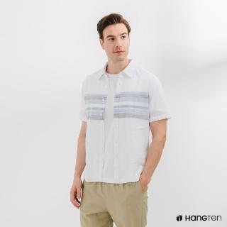 【Hang Ten】男裝-橫條撞色短袖襯衫-白