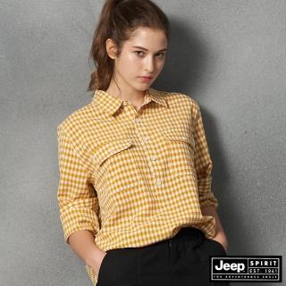 【JEEP】女裝 時尚休閒格紋長版襯衫(黃)