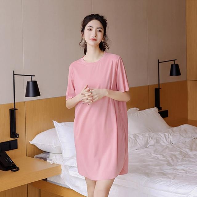 【QIDINA】冰絲涼感寬鬆居家服長裙 (連衣裙 連身裙子睡裙 睡衣女 連身洋裝 長洋裝 涼感衣短袖洋裝)