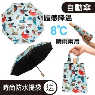 【台灣品牌SunZa】晴雨兩用傘 輕量防曬抗UV傘 黑膠遮光陽傘_自動傘(圖騰款_晴天百鳥)