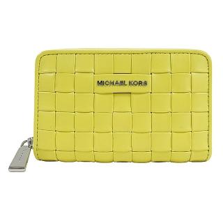 【Michael Kors】MICHAEL KORS銀字LOGO編織設計牛皮4卡拉鏈短夾(檸檬黃)