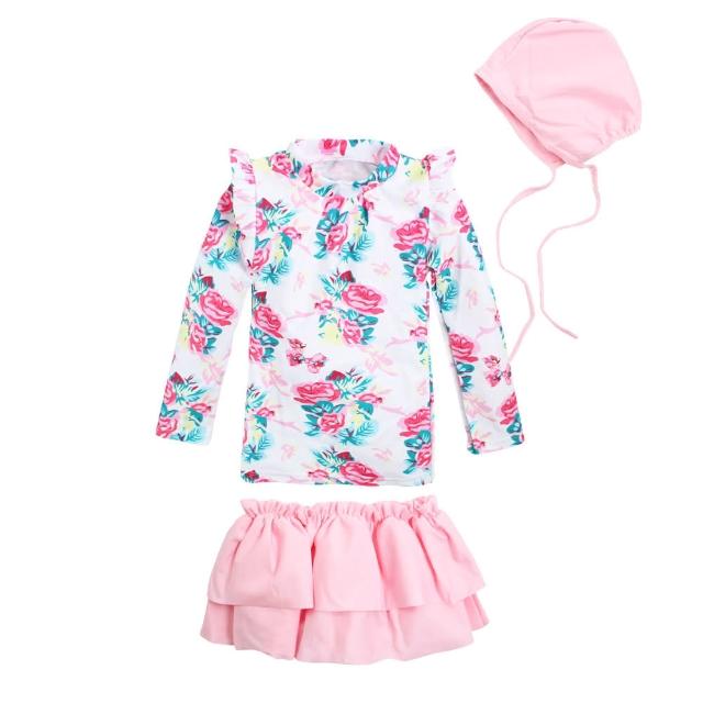 【Baby 童衣】女童泳裝 花朵防曬兩截式泳裙贈泳帽 88734(共一色)