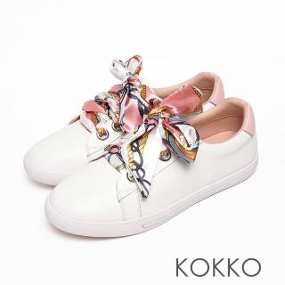 【KOKKO 集團】愛馬仕瘋絲巾綁帶牛皮休閒鞋(白粉色)
