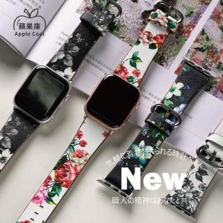 【蘋果庫Apple Cool】Apple Watch S7/6/SE/5/4 38/40/41mm 復古花款印花真皮帶