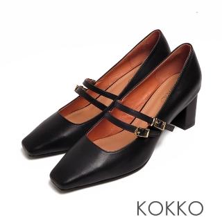 【KOKKO 集團】優雅赫本瑪莉珍方頭裸妝真皮粗跟鞋(黑色)