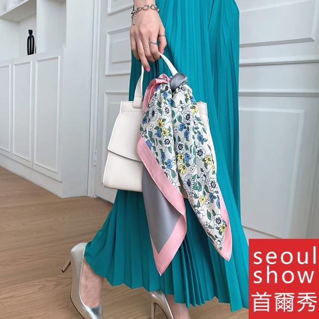 【Seoul Show 首爾秀】花卉方領巾仿真蠶絲緞面頭巾雪紡絲巾(防寒保暖)