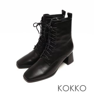 【KOKKO 集團】超方頭顯瘦真中粗跟拉鍊綁帶短靴(黑色)
