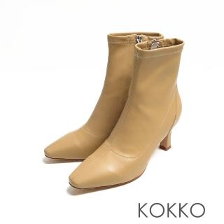 【KOKKO 集團】方頭素面超纖皮革拉鍊高跟貼腿短靴(卡其色)